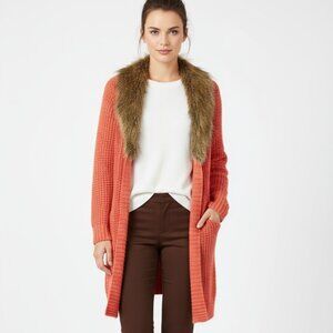 Old Navy Women's  Orange Knit Long  Faux Fur Collar Duster Sweater XL